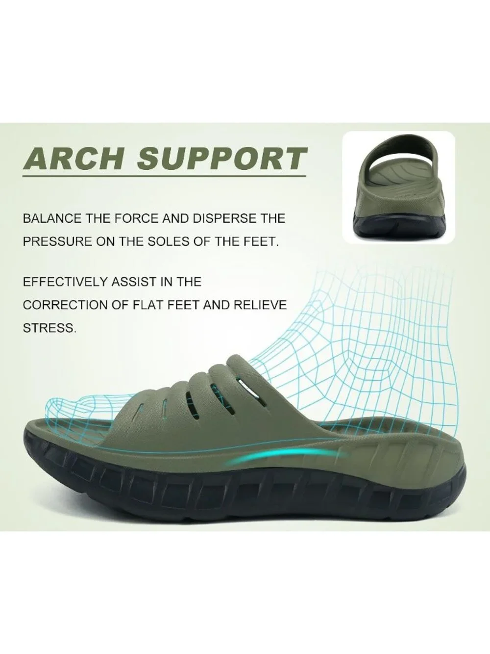Men's Green Black Recovery Orthotic Arch Support Open Toe Slides Slipper Shoes